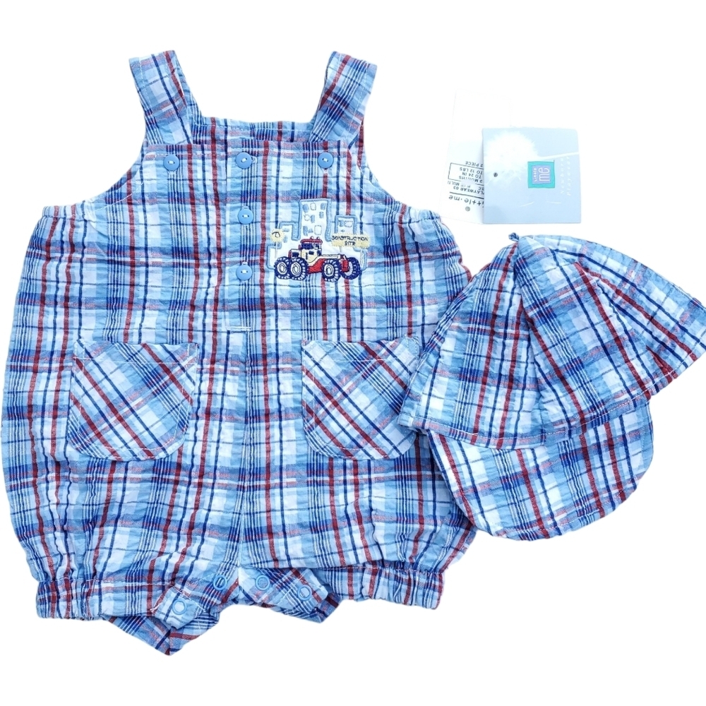 NWT Little Me 2 Piece Overall Bubble Romper & Hat Blue Plaid Boy 3M